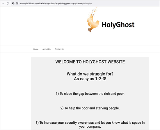 A screenshot of the H0lyGh0st .onion website. The page has a white background and white text, and presents claims made by the group regarding the motives behind their activities.