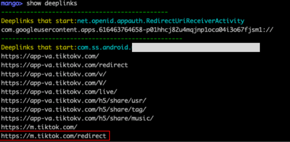 Code depicting how to identify deeplinks and their targeted activities using the linked Medusa tool.
