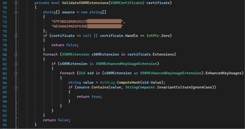 Screenshot of a section of a configuration file with partially redacted hash values.