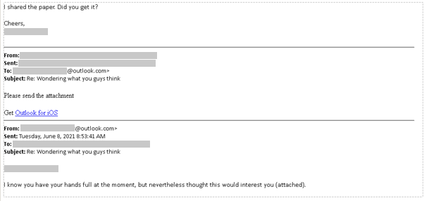 A screenshot of an email exchange between the SEABORGIUM actors and their target. The initial email from the actors mentions a file attachment, but there is no file attached to the message. Subsequent replies involve the target asking for the file, and then actors sending back a weaponized email.
