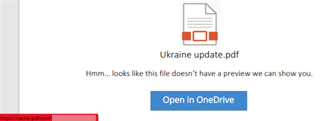 A screenshot of the content of the PDF file mentioned in figure 5. The PDF file displays a PDF file icon, a message saying that the file can’t be previewed, and a rectangular box with the text “open in OneDrive”. The box with the text contains a hyperlink to a URL controlled by SEABORGIUM.