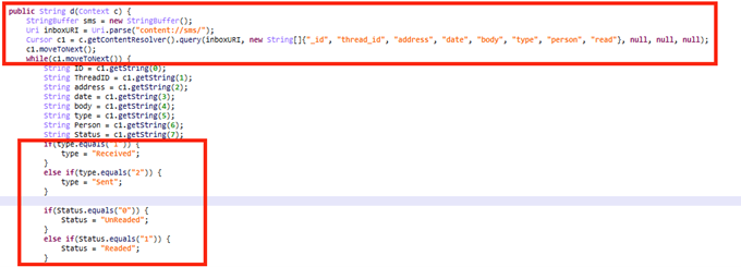 Screenshot of the malware's code used to steal all SMS messages.