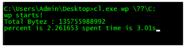 A screenshot of the command line with the location of the directory where cl.exe is staged (C:\Users\Admin\Desktop>cl.exe wp)