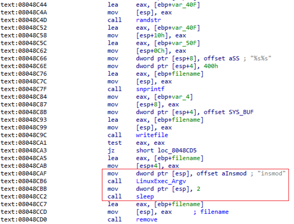 Screenshot of the insmod command calling functions to drop the XorDdos rootkit into the Linux kernel.