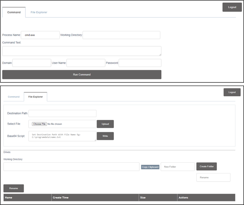 A screenshot of the graphical user interface of a web shell, from an attacker's point of view. The console has two tabs: command and file explorer, where the attacker must input information to run commands against their target. 