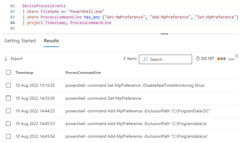 Screenshot of sample command to search for antivirus tampering.