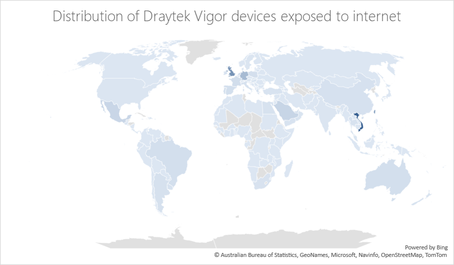 Map showing global distribution of Draytek Vigor devices exposed to the Internet
