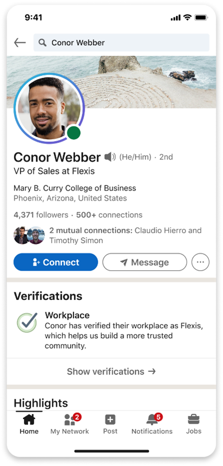 Screenshot of the LinkedIn mobile app with a checkmark showing this user has verified their workplace.