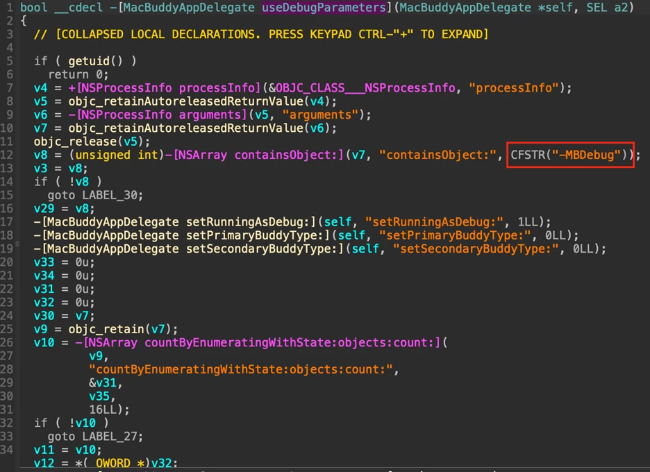 Code displaying Setup Assistant &ndash;MBDebug