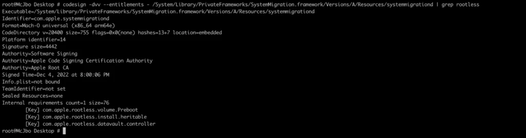 Code displaying systemmigrationd entitlements 