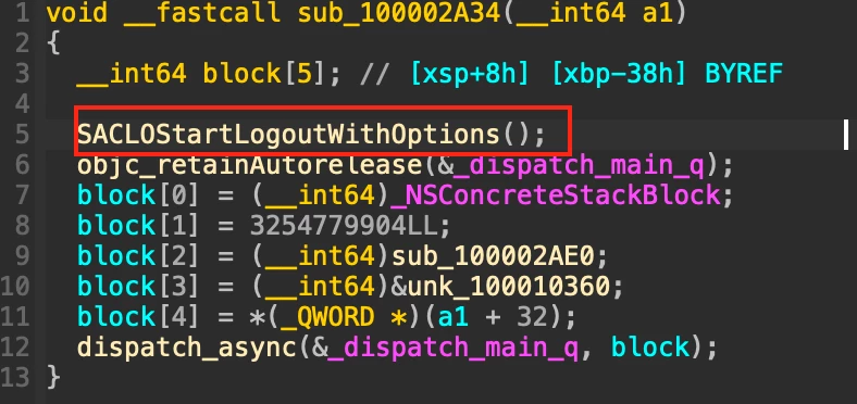 Code displaying SACLOStartLogoutWithOptions 
