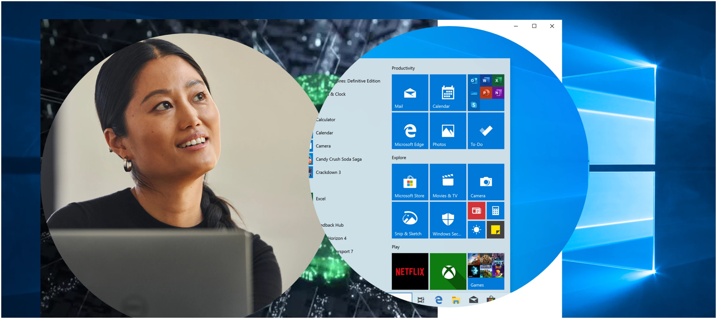 A woman with a computer next to a screenshot of a Windows home screen.