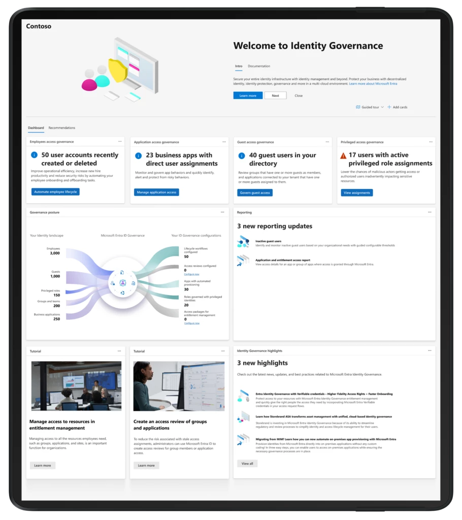 New Microsoft Entra ID Governance dashboard showing governance posture and recommendations.