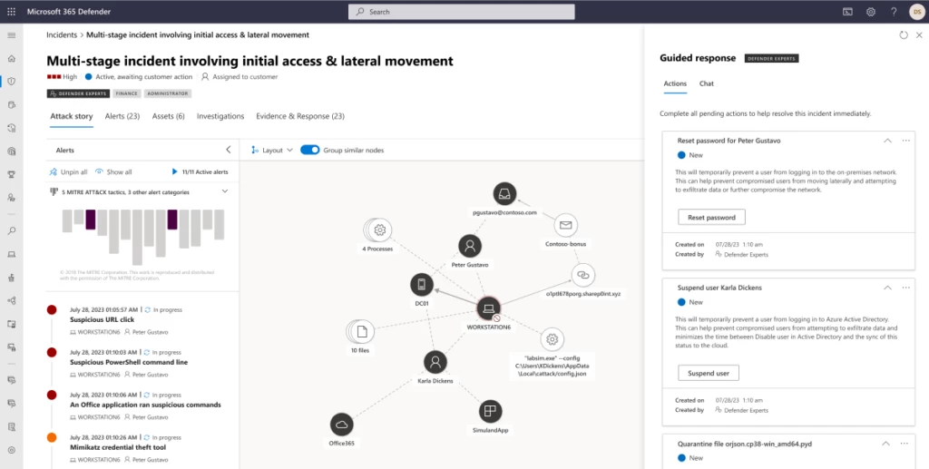 Screenshot of a multistage incident in the Microsoft 365 Defender dashboard. 