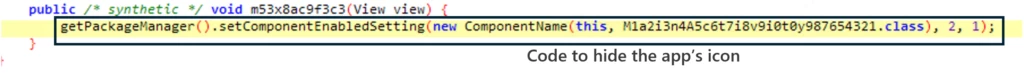 Screenshot of code hiding the app's icon from the home screen and app tray.