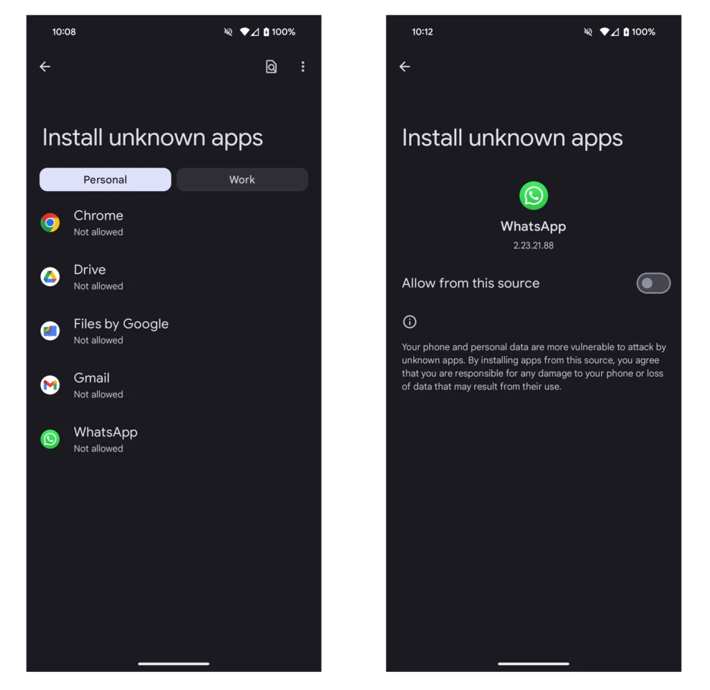 Two mobile screenshots from left to right: Example of the Install unknown apps feature on an Android device, disabling the ability for WhatsApp to install unknown apps.