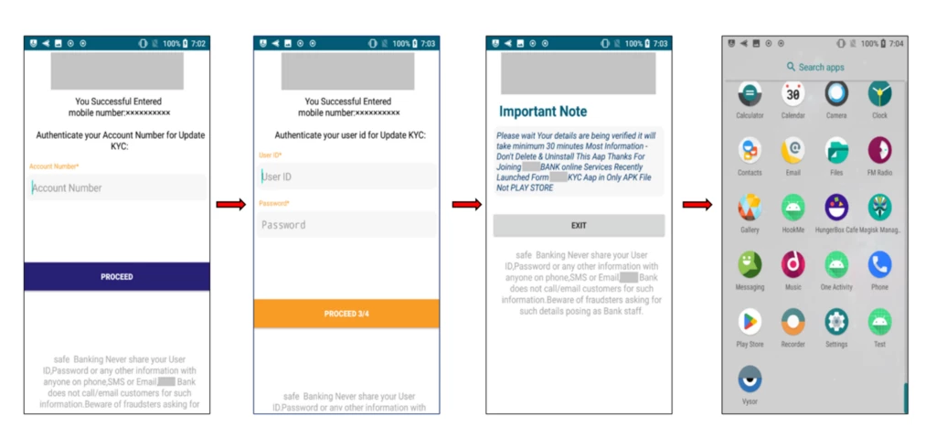 Four mobile screenshots from left to right: the fake app requesting users' account numbers followed by their credentials, the fake app displays a phony note that the entered information is being verified, the fake app's icon disappears from the user's app tray.