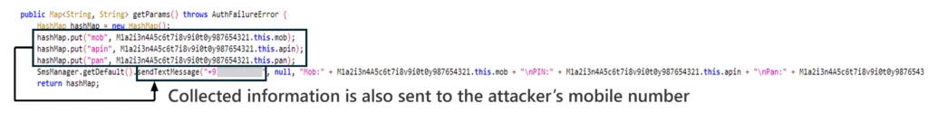 Screenshot of code displaying how collected information is also sent to the attacker's mobile number.