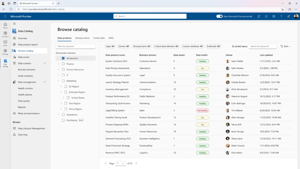 Screenshots showing the browse catalog in Microsoft Purview Data Governance. 
