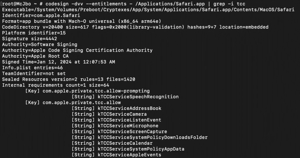 A screenshot of the code for TCC entitlements and various information on Safari