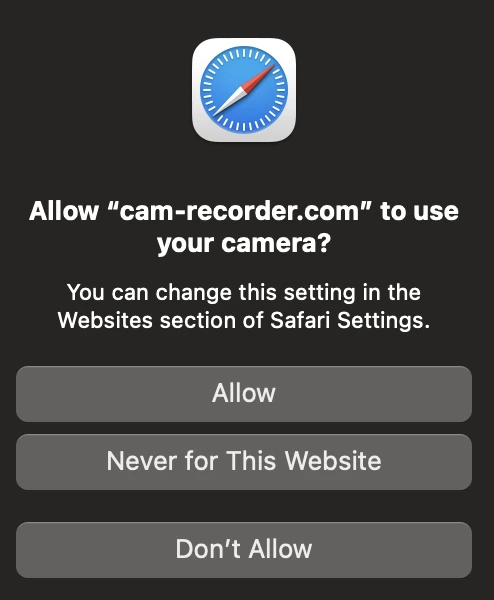 A screenshot of the TCC-like popup by Safari for when requesting to access the camera