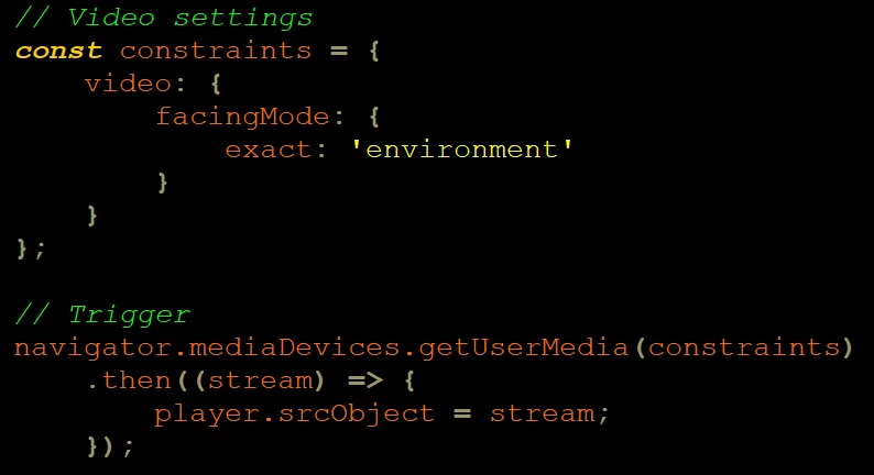 A screenshot of JavaScript code to access the camera in a macOS device