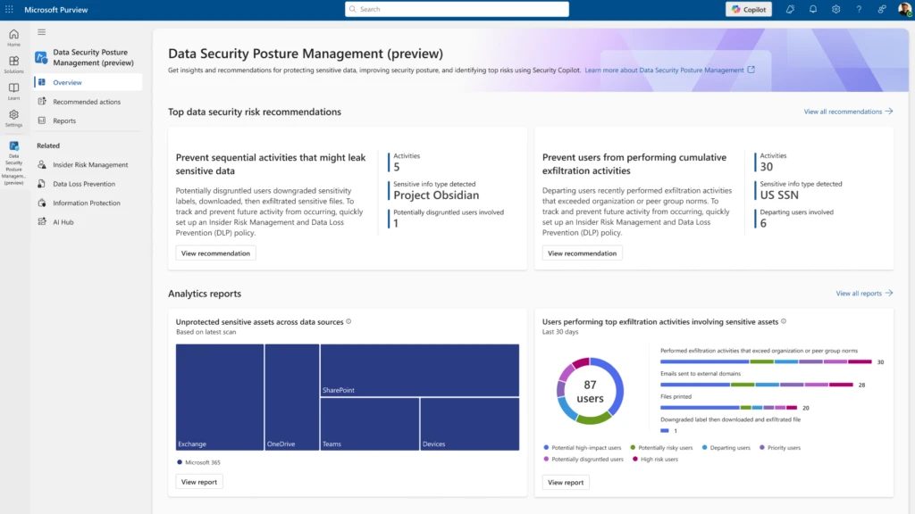 Screenshot of the Data Security Posture Management preview dashboard within the Microsoft Purview portal.