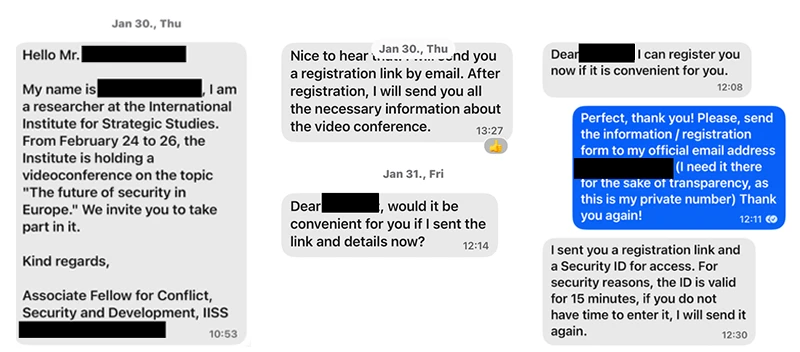 Screenshots of Signal messages from threat actor