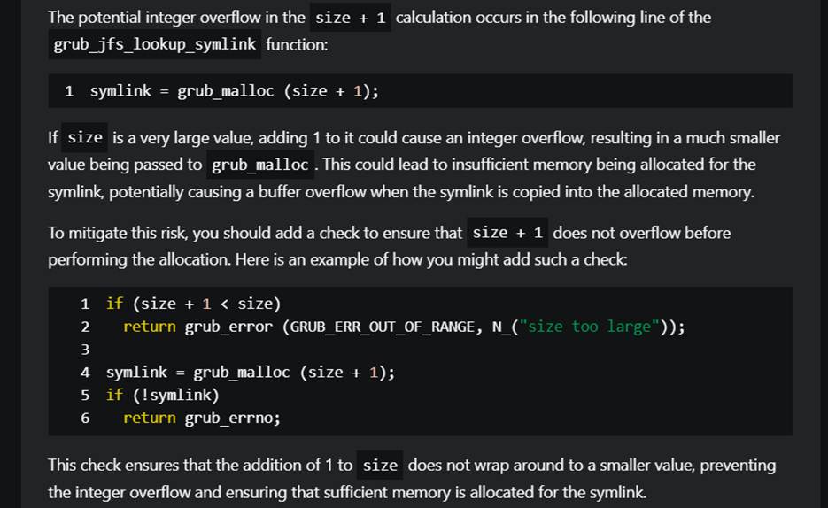 A screenshot of Security Copilot identifying an integer overflow vulnerability and suggesting a fix.