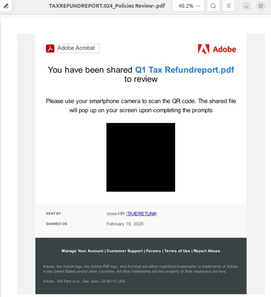 Screenshot of a PDF file that features a QR code purporting to lead to a file named Q1 Tax Refundreport.pdf
