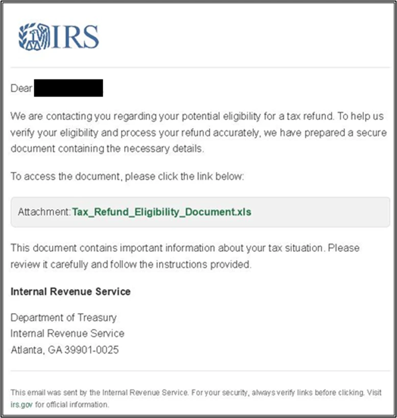 Screenshot of an email claiming to be from the IRS. The email contains a link to a malicious Excel file.