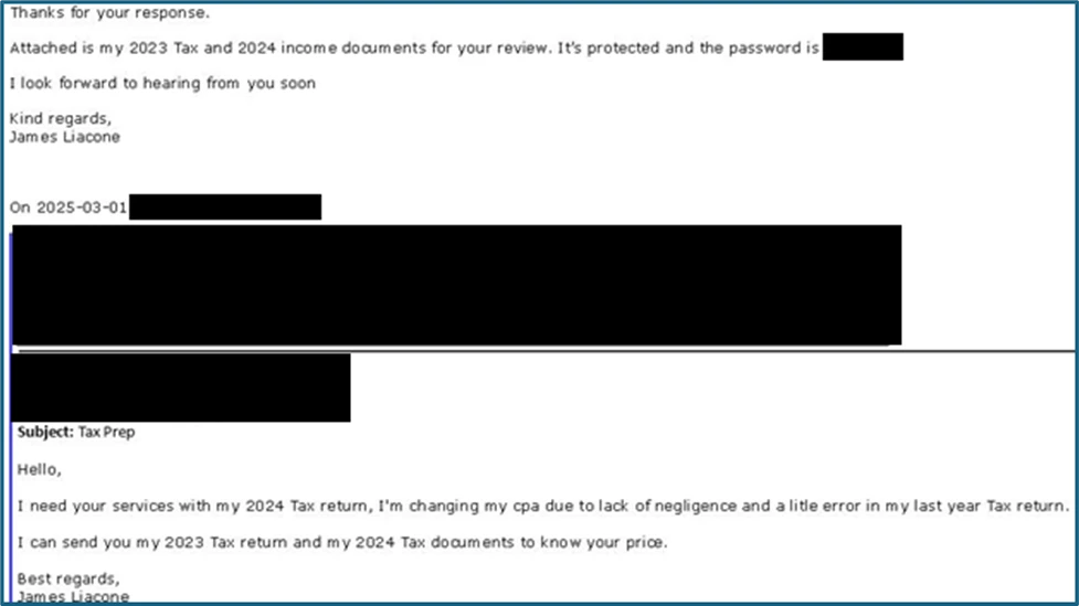 Screenshot of a phishing email wherein the sender requests for tax filing services from the target.
