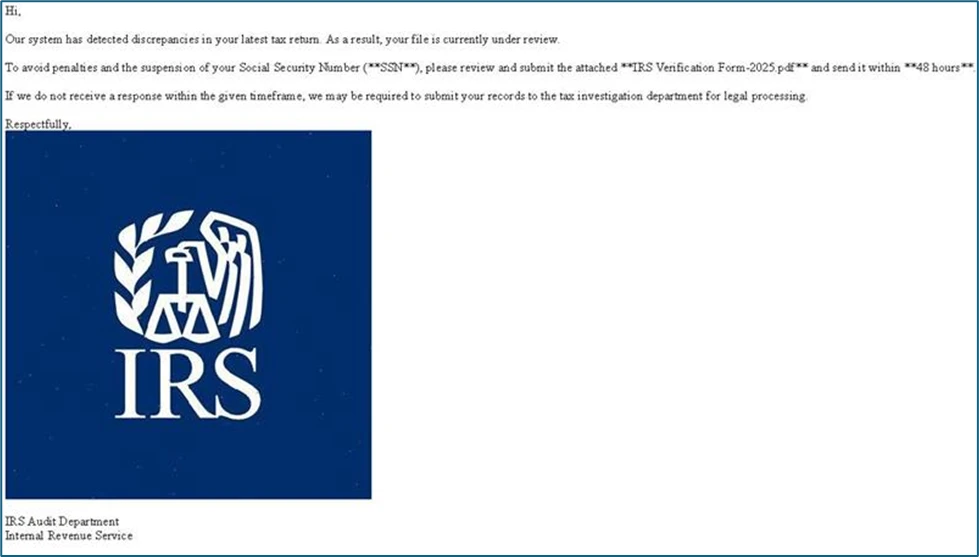 Screenshot of a sample phishing email claiming to be from the IRS