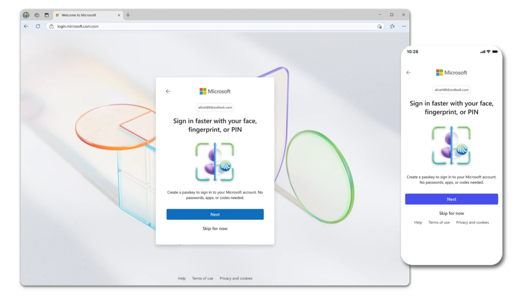 Create a passkey to sign in to your Microsoft account. No passwords, apps, or codes needed.