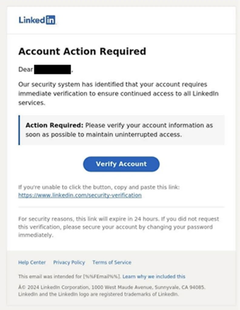 Screenshot of Storm-0485's fake LinkedIn verify account lure stating Account Action Required with a button reading Verify Account and an alternative LinkedIn URL to copy and paste if the button does not work.