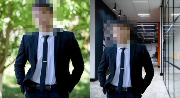 Blurred screenshots of North Korean IT workers' resume and profile photos that used AI to modify the images. The individual appears the same in both images though the backgrounds vary as the left depicts an outdoors setting while the right image depicts the individual in an office building.