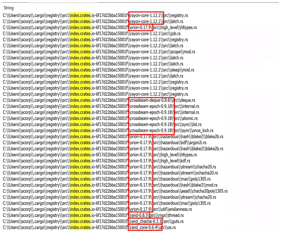 Screenshot of the extractable dependencies, like rayon-core-1.12.1 and orion-0.19.9, from strings.