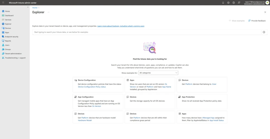 A screenshot of the Intune admin center with a new left navigation option to explore Intune data.  Options for administrators to data across multiple workload categories such as Device compliance, apps, devices, app configuration and protection. 