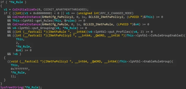 Screenshot of code depicting COM objects that were used to modify firewall rules