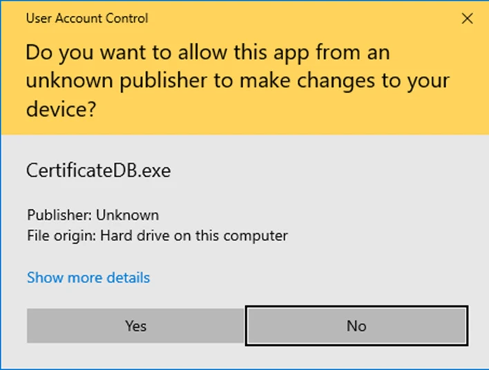Screenshot of the UAC popup which asks the user if they want to allow this app from an unknown publisher to make changes to their device. The file is called CertificateDB.exe and the user can click Yes or No.