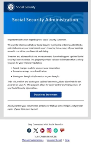Screenshot of phishing email impersonating SSA