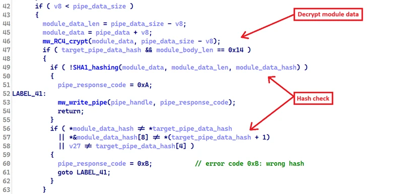 Screenshot of code for decrypting module data and performing hash validation