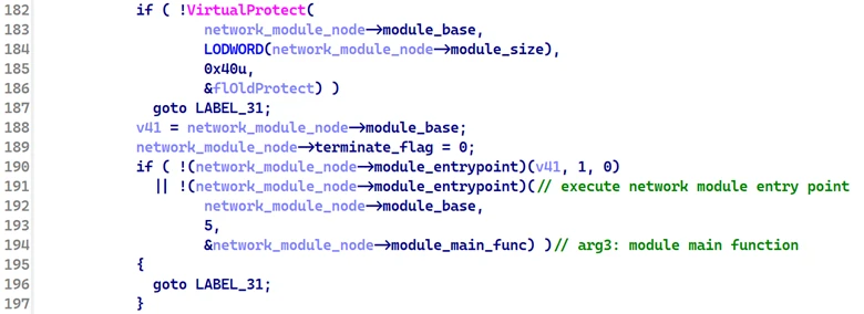Screenshot of code for launching network module entry point
