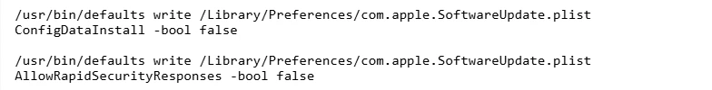 Screenshot of commands that modify Software Update preferences on macOS