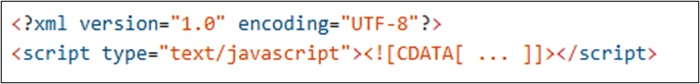 Screenshot of code depicting the SVG's XML declaration and DATA-wrapped script