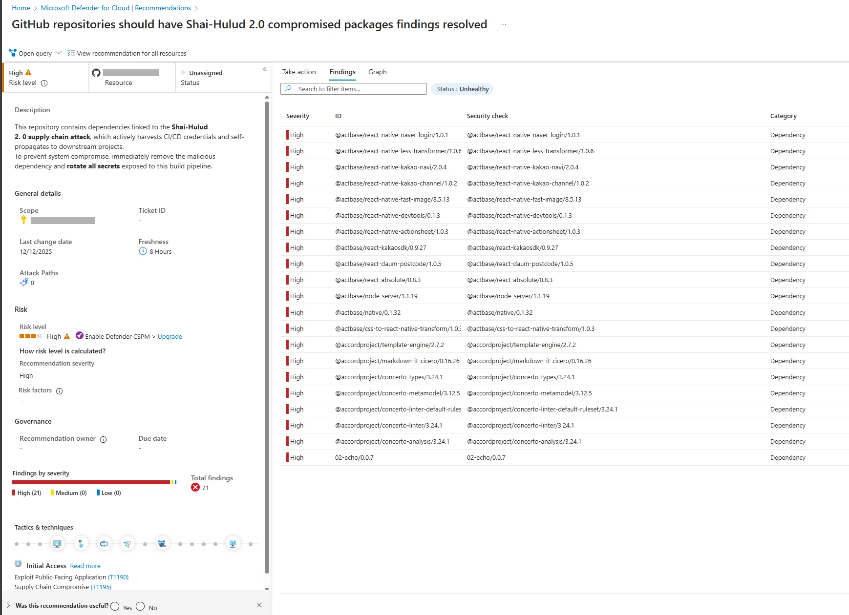 Screenshot of Microsoft Defender for Cloud recommendations resulting from agentless code scanning