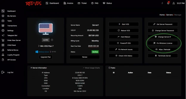 Screenshot of the RedVDS user interface