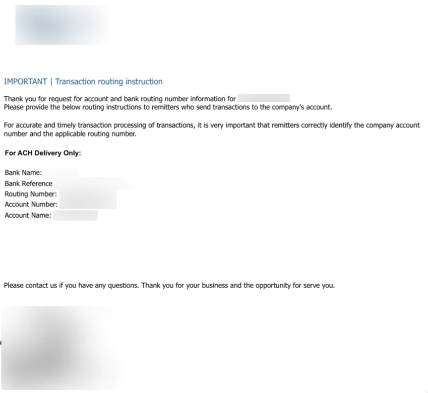 A fake bank letter requesting account and bank routing number information of the target.